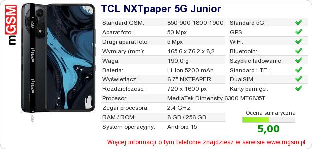 Dane telefonu TCL NXTpaper 5G Junior Dane telefonu TCL NXTpaper 5G Junior