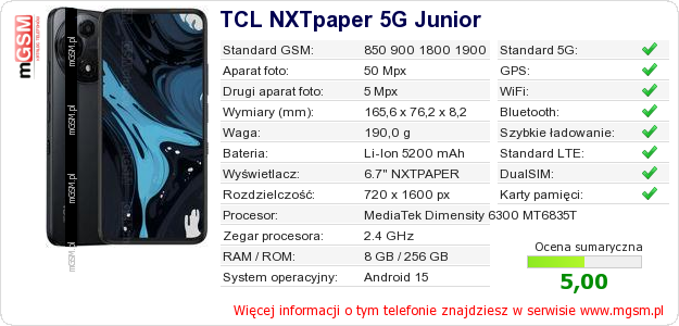 Dane telefonu TCL NXTpaper 5G Junior
