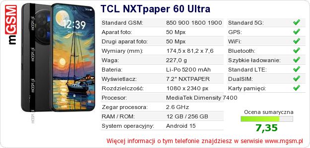 Dane telefonu TCL NXTpaper 60 Ultra