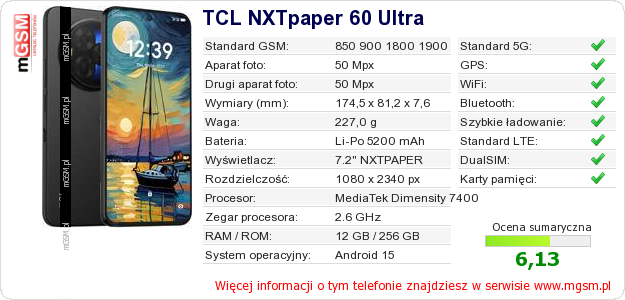 Dane telefonu TCL NXTpaper 60 Ultra