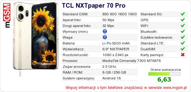 Dane telefonu TCL NXTpaper 70 Pro Dane telefonu TCL NXTpaper 70 Pro