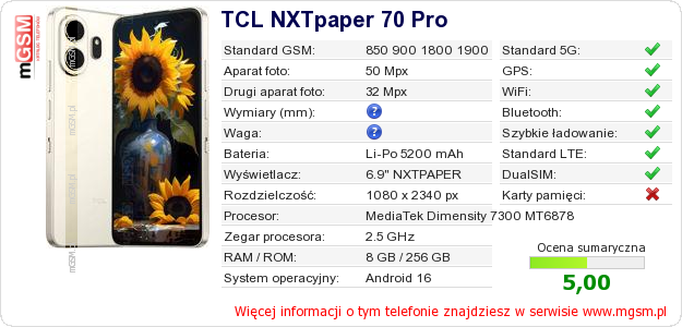 Dane telefonu TCL NXTpaper 70 Pro