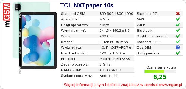 Dane telefonu TCL NXTpaper 10s Dane telefonu TCL NXTpaper 10s