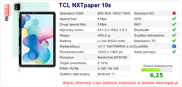 Dane telefonu TCL NXTpaper 10s