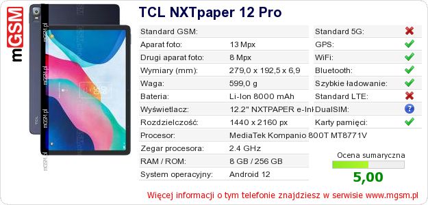 Dane telefonu TCL NXTpaper 12 Pro