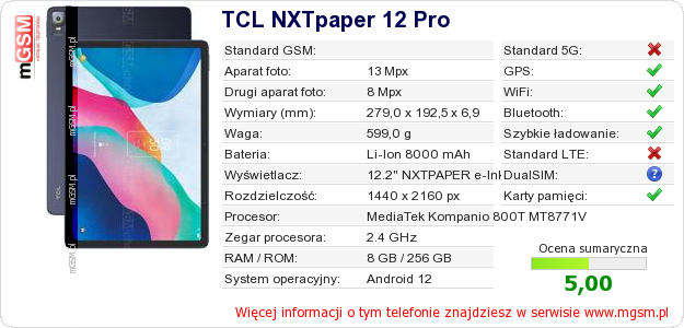 Dane telefonu TCL NXTpaper 12 Pro