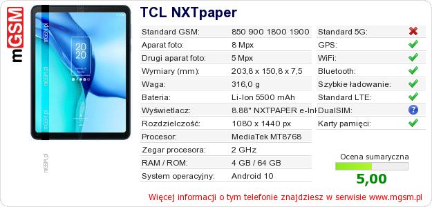 Dane telefonu TCL NXTpaper