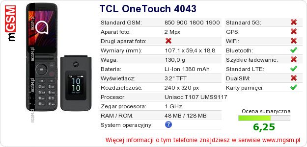 Dane telefonu TCL OneTouch 4043 Dane telefonu TCL OneTouch 4043