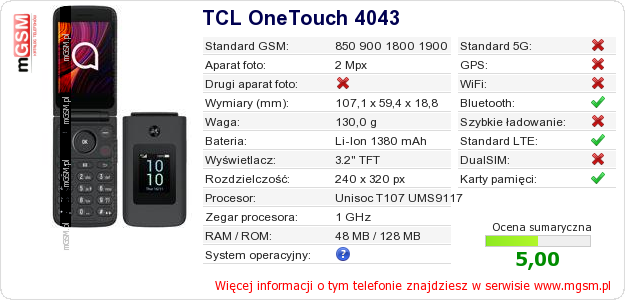 Dane telefonu TCL OneTouch 4043