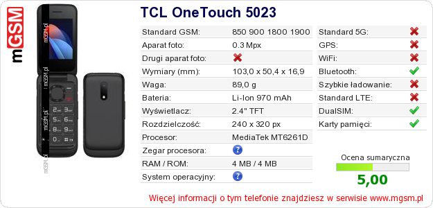 Dane telefonu TCL OneTouch 5023 Dane telefonu TCL OneTouch 5023