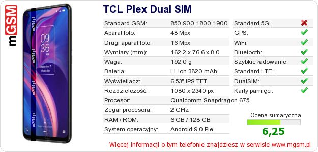 Dane telefonu TCL Plex Dual SIM