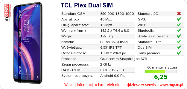 Dane telefonu TCL Plex Dual SIM