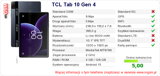 Dane telefonu TCL Tab 10 Gen 4