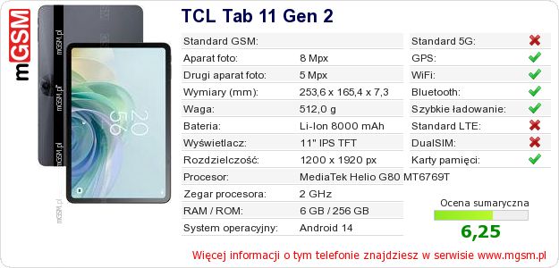 Dane telefonu TCL Tab 11 Gen 2