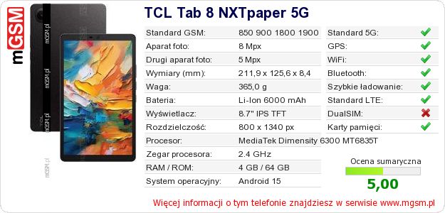 Dane telefonu TCL Tab 8 NXTpaper 5G