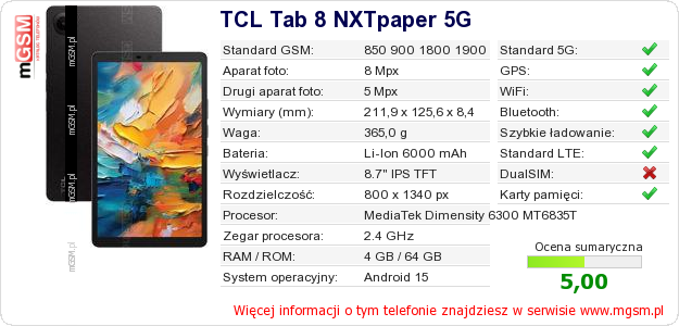 Dane telefonu TCL Tab 8 NXTpaper 5G