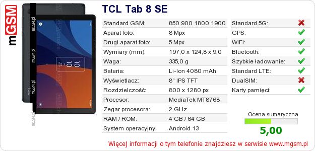 Dane telefonu TCL Tab 8 SE Dane telefonu TCL Tab 8 SE
