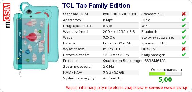 Dane telefonu TCL Tab Family Edition Dane telefonu TCL Tab Family Edition