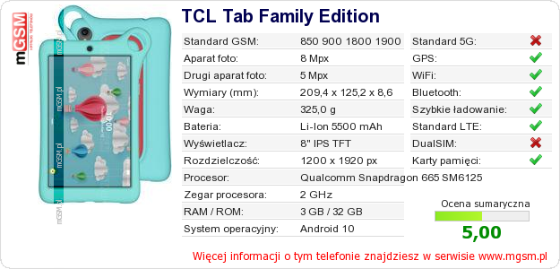 Dane telefonu TCL Tab Family Edition Dane telefonu TCL Tab Family Edition