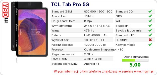 Dane telefonu TCL Tab Pro 5G