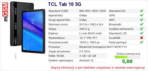 Dane telefonu TCL Tab 10 5G