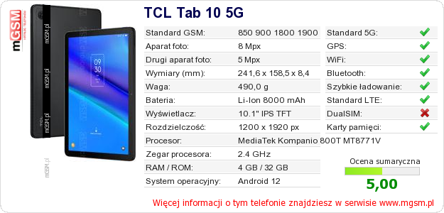 Dane telefonu TCL Tab 10 5G Dane telefonu TCL Tab 10 5G