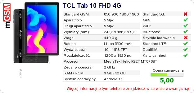 Dane telefonu TCL Tab 10 FHD 4G Dane telefonu TCL Tab 10 FHD 4G
