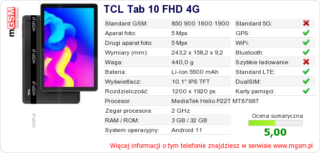 Dane telefonu TCL Tab 10 FHD 4G