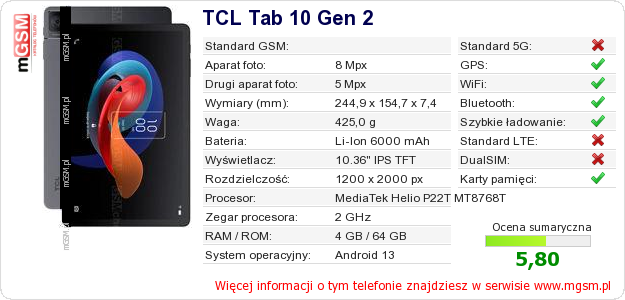 Dane telefonu TCL Tab 10 Gen 2 Dane telefonu TCL Tab 10 Gen 2