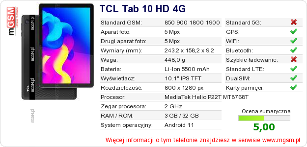Dane telefonu TCL Tab 10 HD 4G