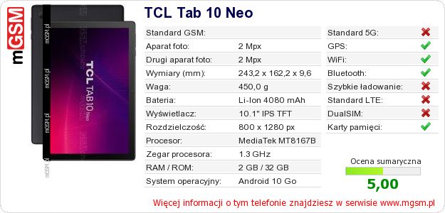 Dane telefonu TCL Tab 10 Neo Dane telefonu TCL Tab 10 Neo