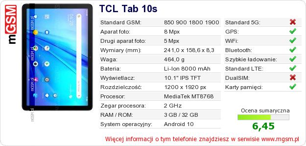 Dane telefonu TCL Tab 10s