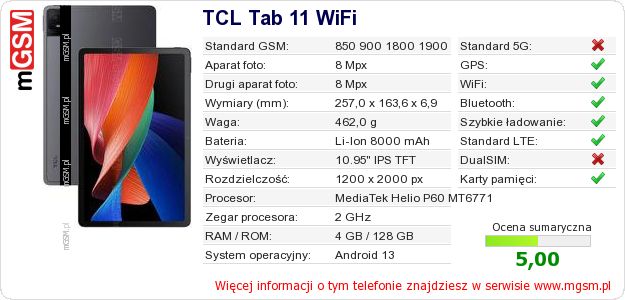 Dane telefonu TCL Tab 11 WiFi
