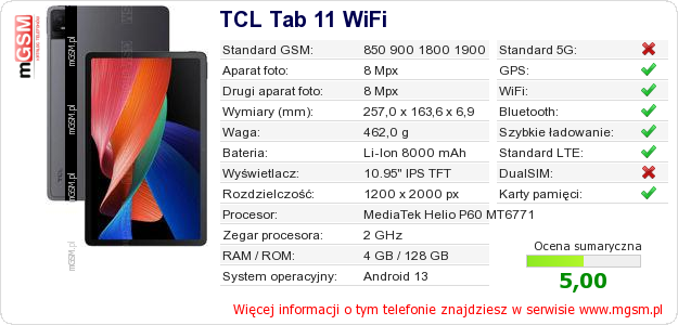 Dane telefonu TCL Tab 11 WiFi