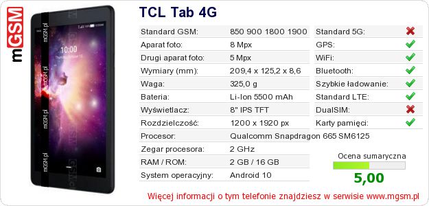 Dane telefonu TCL Tab 4G Dane telefonu TCL Tab 4G