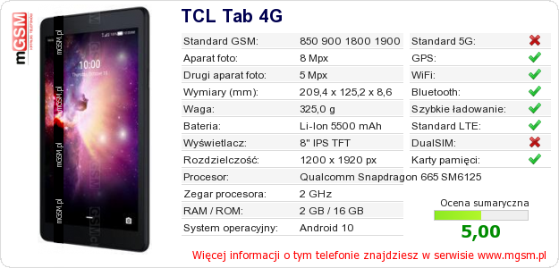 Dane telefonu TCL Tab 4G Dane telefonu TCL Tab 4G