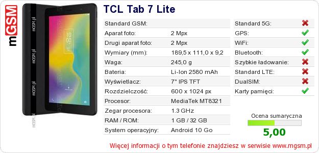 Dane telefonu TCL Tab 7 Lite