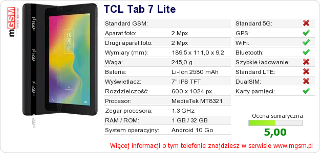 Dane telefonu TCL Tab 7 Lite