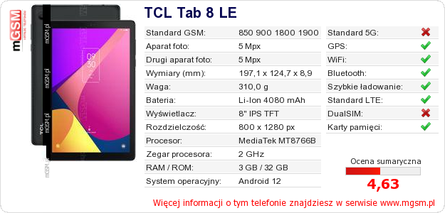 Dane telefonu TCL Tab 8 LE
