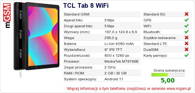 Dane telefonu TCL Tab 8 WiFi