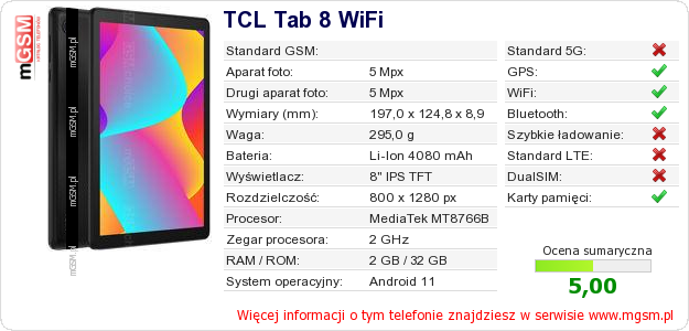 Dane telefonu TCL Tab 8 WiFi