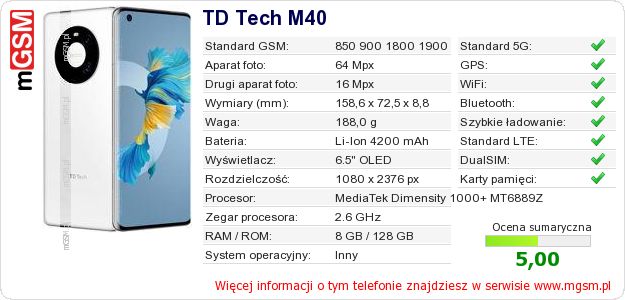 Dane telefonu TD Tech M40 Dane telefonu TD Tech M40
