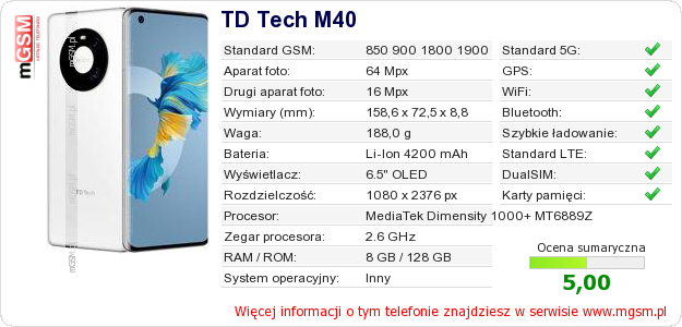 Dane telefonu TD Tech M40