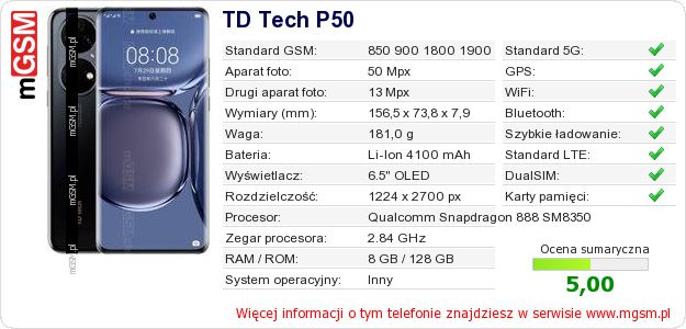 Dane telefonu TD Tech P50