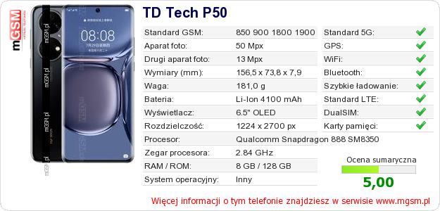 Dane telefonu TD Tech P50