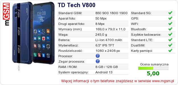 Dane telefonu TD Tech V800 Dane telefonu TD Tech V800