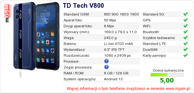 Dane telefonu TD Tech V800
