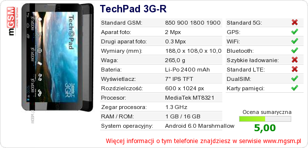 Dane telefonu TechPad 3G-R