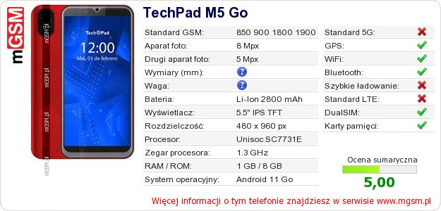 Dane telefonu TechPad M5 Go