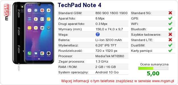 Dane telefonu TechPad Note 4